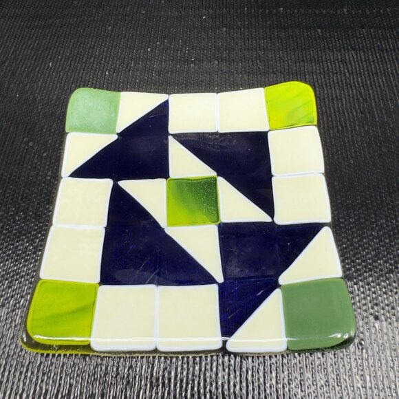 Hand Made Geometric Square Fused Glass Dish Plate Artist Signed Multicolored VTG - Picture 15 of 15
